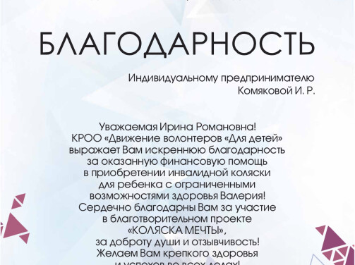 КРОО «Движение волонтеров «Для детей» выражает Вам искреннюю благодарность за оказанную финансовую помощь
